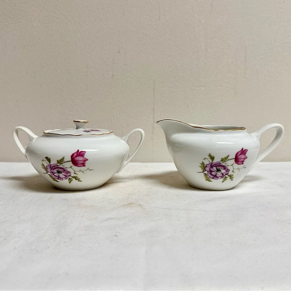 Vintage Floral Porcelain Creamer and Sugar Set, Czeckoslovakia